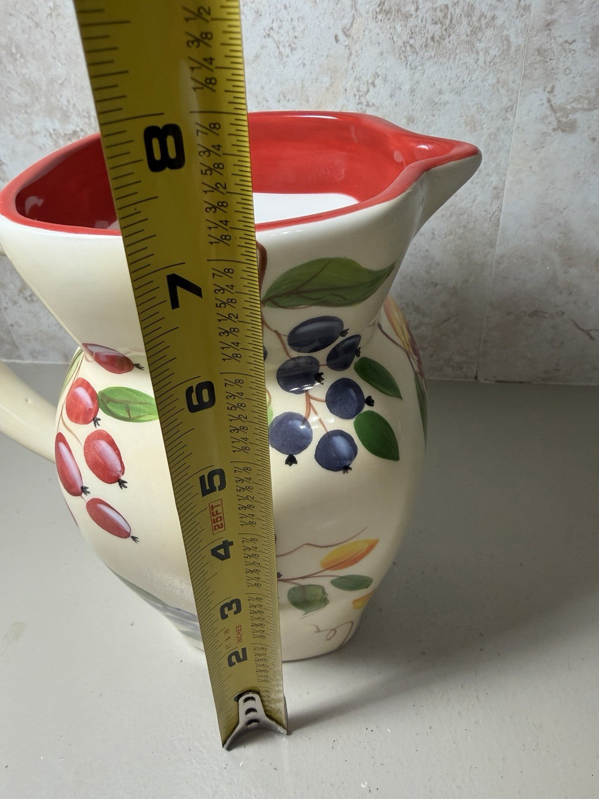 Vintage FTD Ceramic Pitcher Hand Painted Berries Fruit Creamer Vase 8"