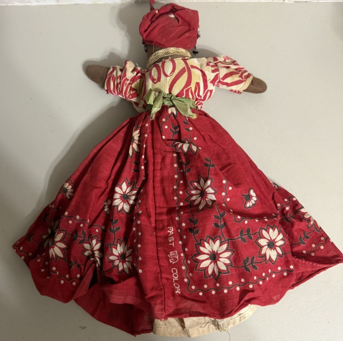 Vintage Handmade Folk Art Cloth Doll Floral Dress Handkerchief 12"