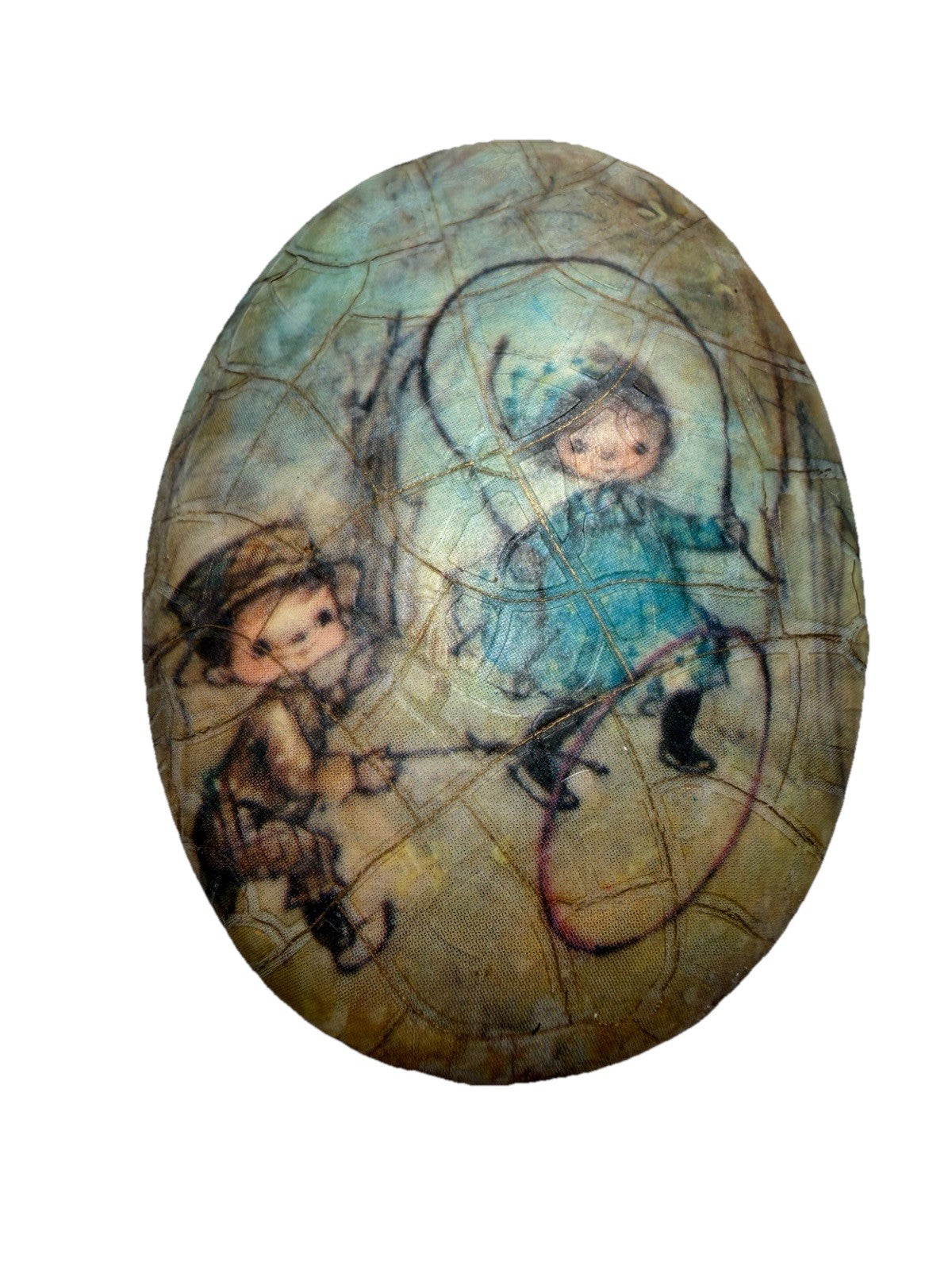 Vintage MAM Originals Crackle Art Paperweight Oval Children Playing