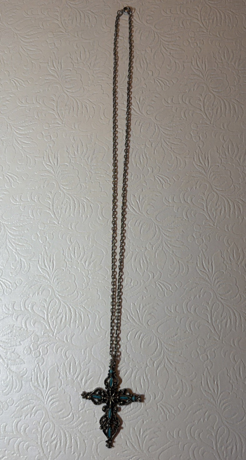Vintage Gothic Cross Pendant Necklace Silver Tone Faux Turquoise Cabochons Large