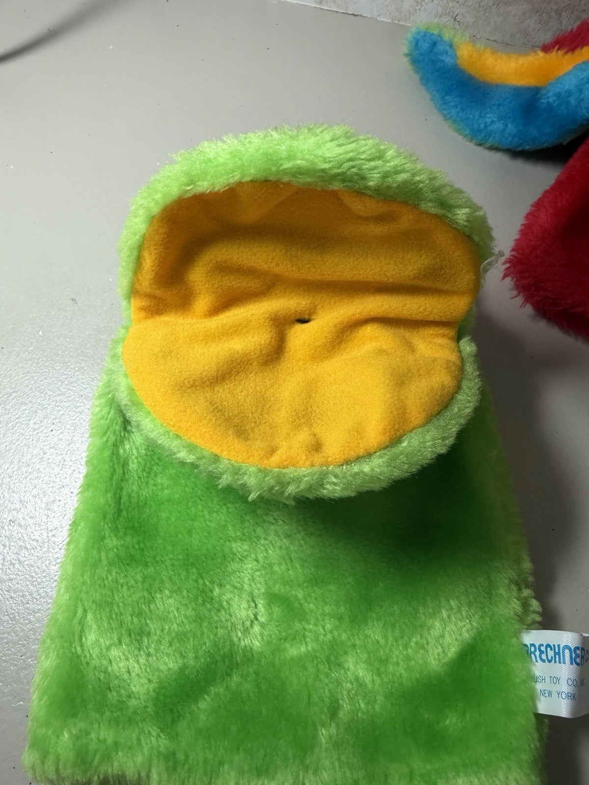 Vintage Brechner Plush Hand Puppets Lot 2 Green Monster Red Parrot 1981 Korea