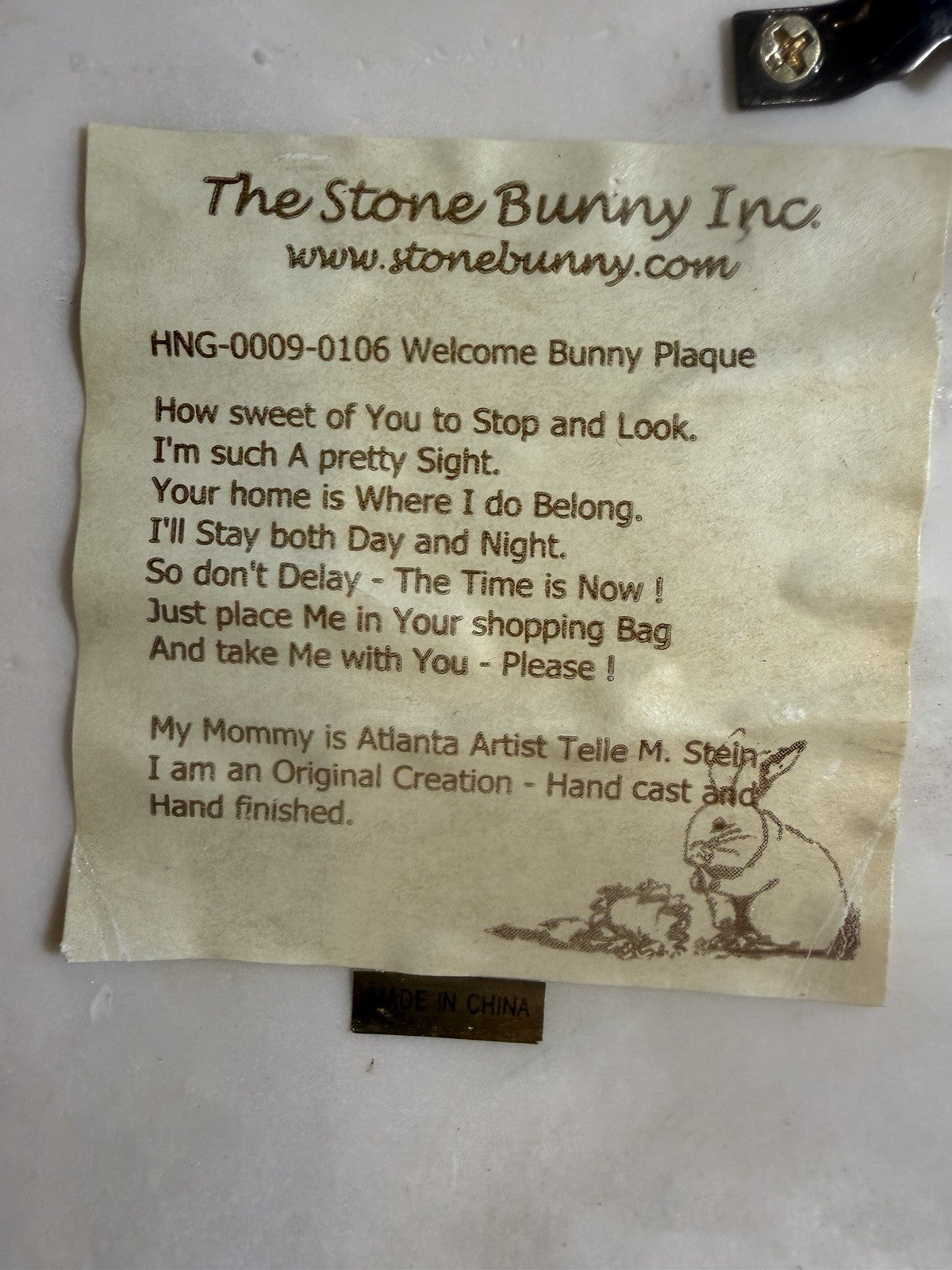 Vintage Stone Bunny Rabbit Welcome Wall Plaque Hand Finished Cottage Garden Deco
