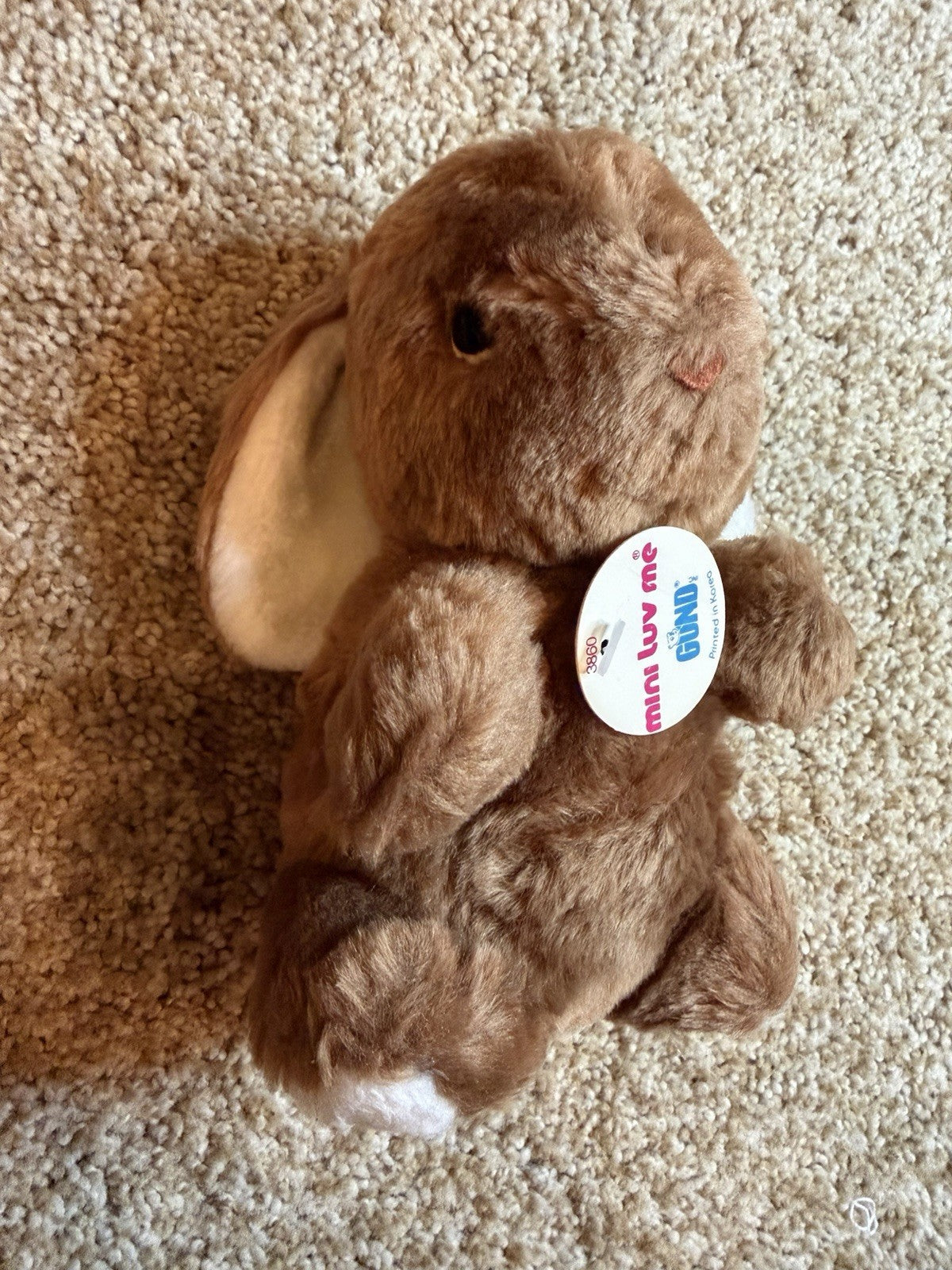 Vintage 1976 GUND Mini Luv Me Brown Bunny Rabbit Plush Rattle Toy Tagged 3860