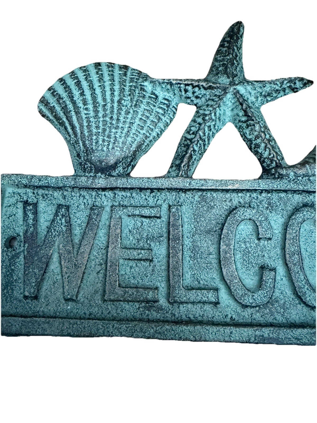 Heavy Cast Iron Coastal Welcome Plaque Aqua Green Blue Nautical Decor