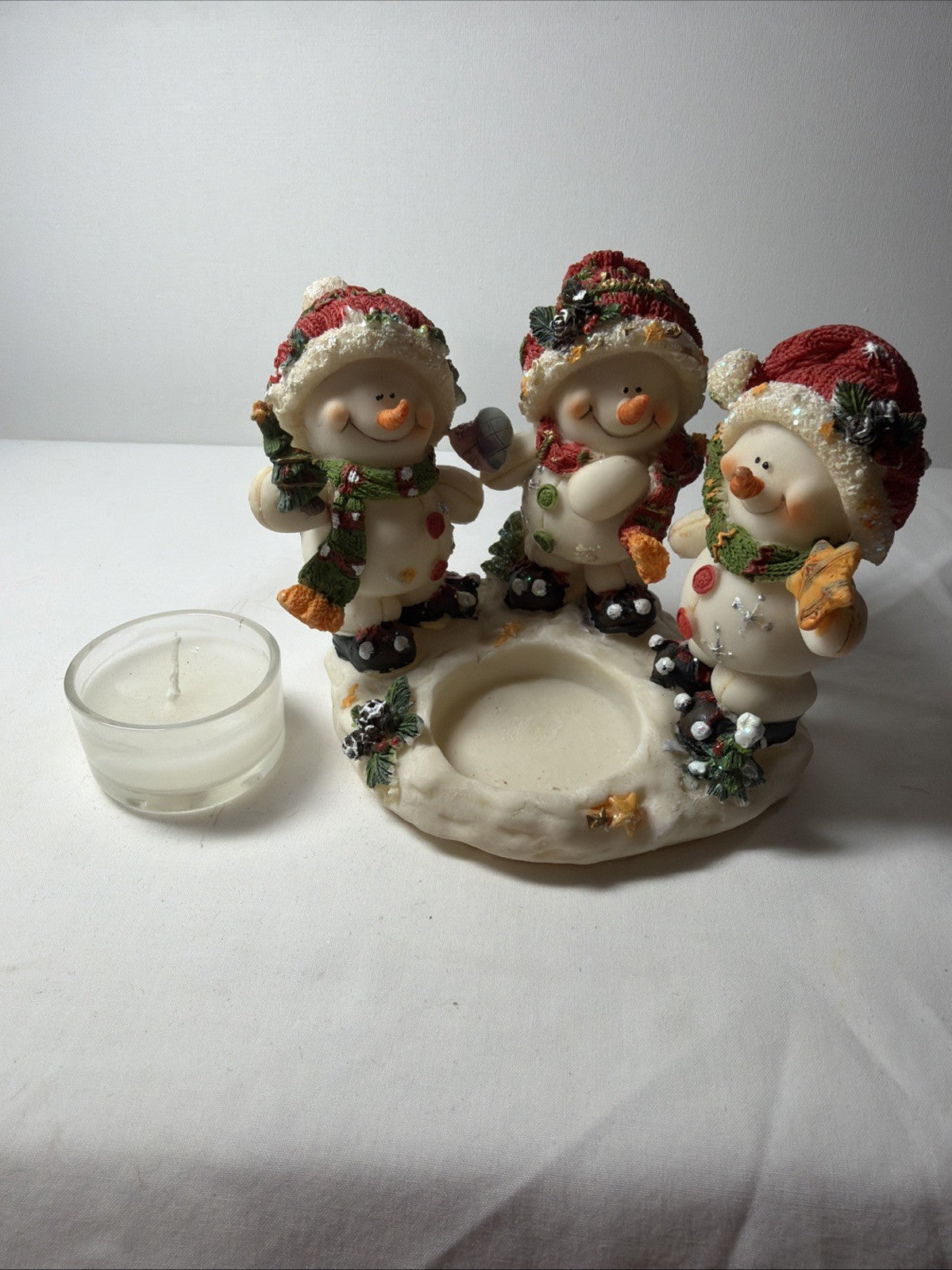 Snowman Votive Candle Holder 3 Snowmen Holiday Decor 4 1/2 tall