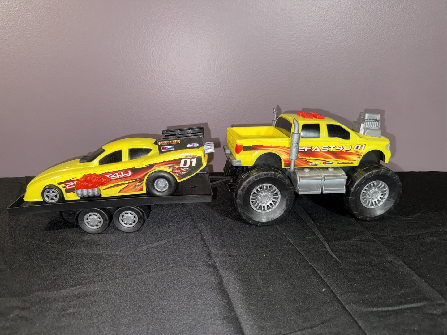 Vintage 2FAST4U Yellow Monster Truck Funny Car Trailer Combo Sounds WORKS