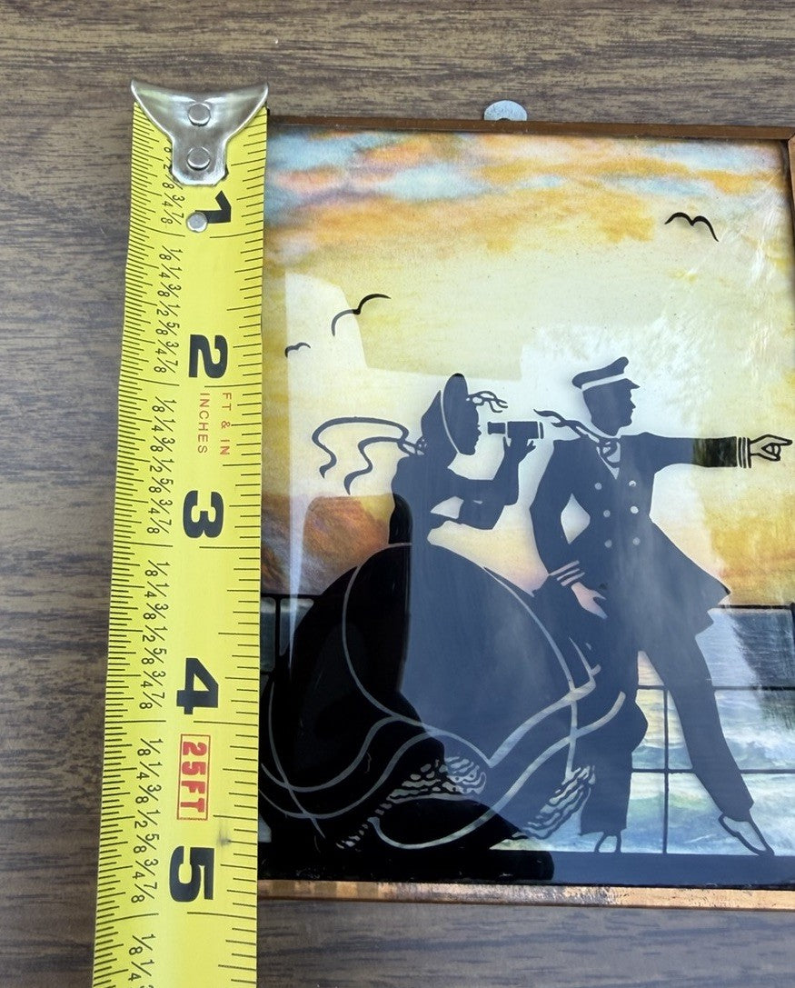 Vintage Nautical Sailor Couple Reverse Painting Convex Glass Framed Folk Art
