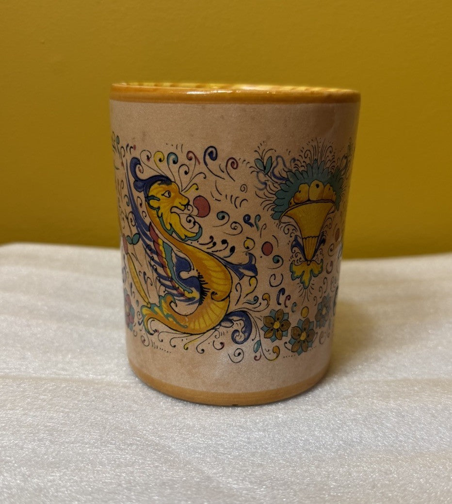 Italian Majolica Raffaellesco Dragon Floral Mug Hand Painted Pottery Italy Cup