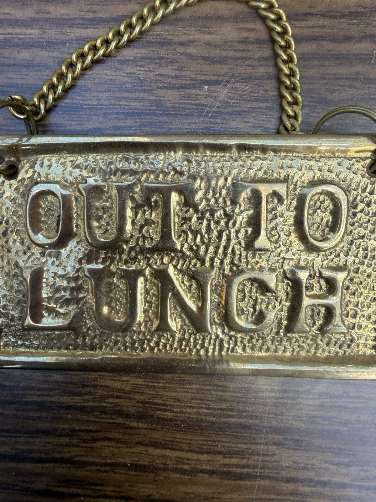 Vintage Brass Gone Fishing Out To Lunch Hanging Novelty Sign