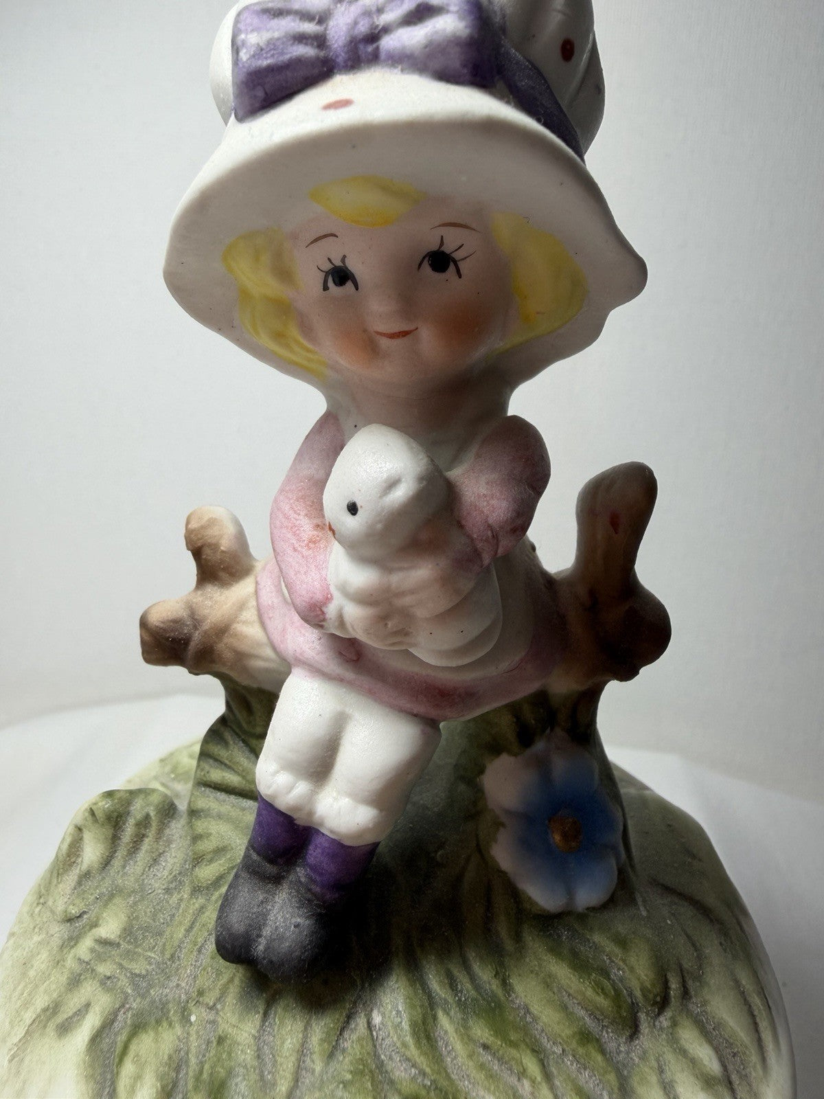 Porcelain Bisque Girl Music Box Cat Figurine Plays Song - Works