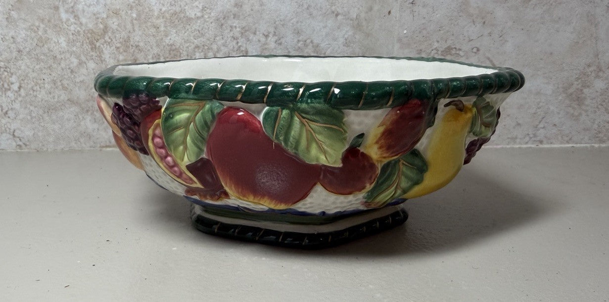 Vintage Fitz Floyd Ceramic Fruit Bowl Hand Painted Raised 3D Design Centerpiece