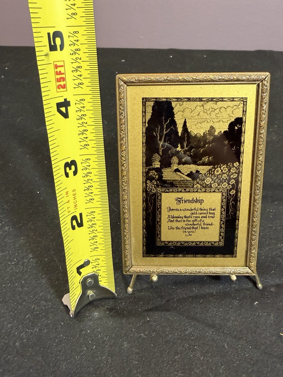 Black Gold Pocket Mirror Silhouette Friendship Poem Tripod Stand 4.5"x3"