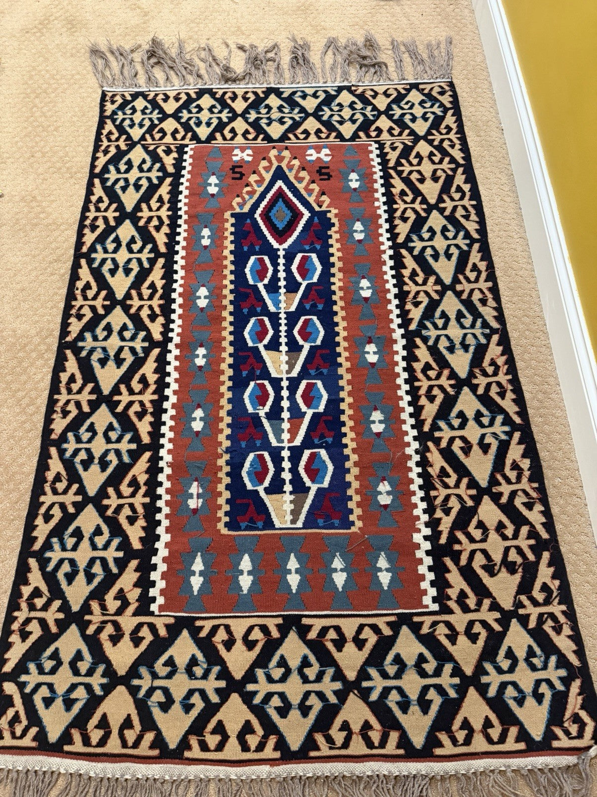 Vintage Turkish Kilim Flat Weave Rug Runner Geometric Tribal Wool Fringe Handmad