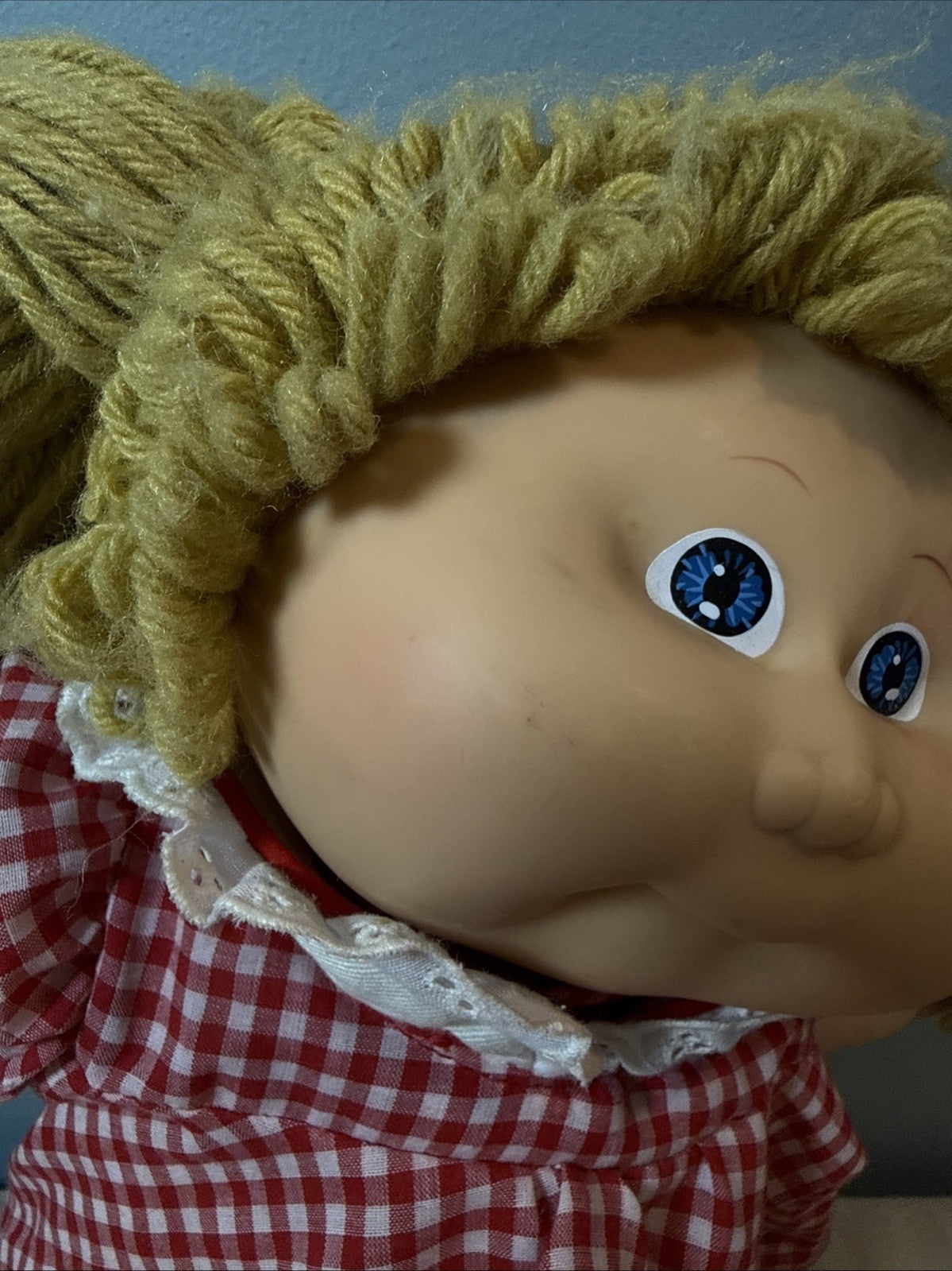 Vintage Cabbage Patch Kids Doll Dark Blonde Hair Blue Eyes Dimples Red Outfit