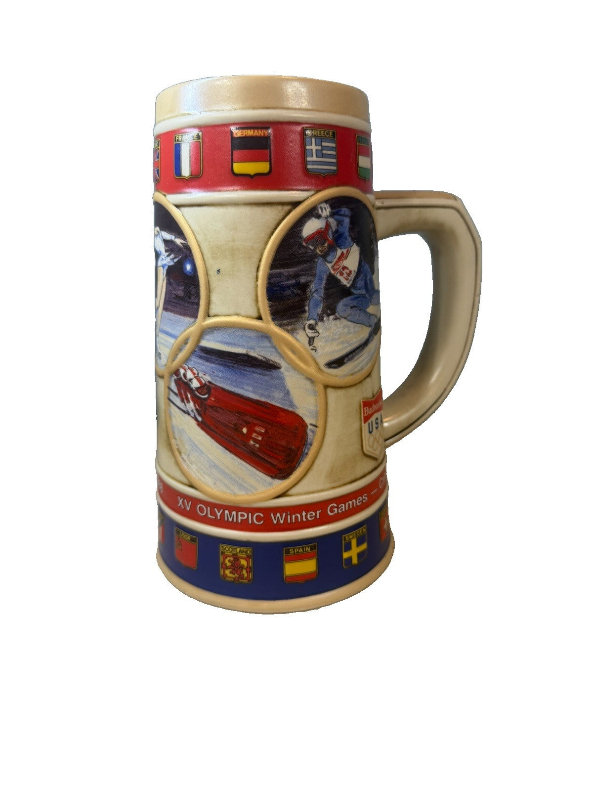 Vintage 1988 Budweiser Calgary XV Olympic Winter Games Beer Stein Ceramarte