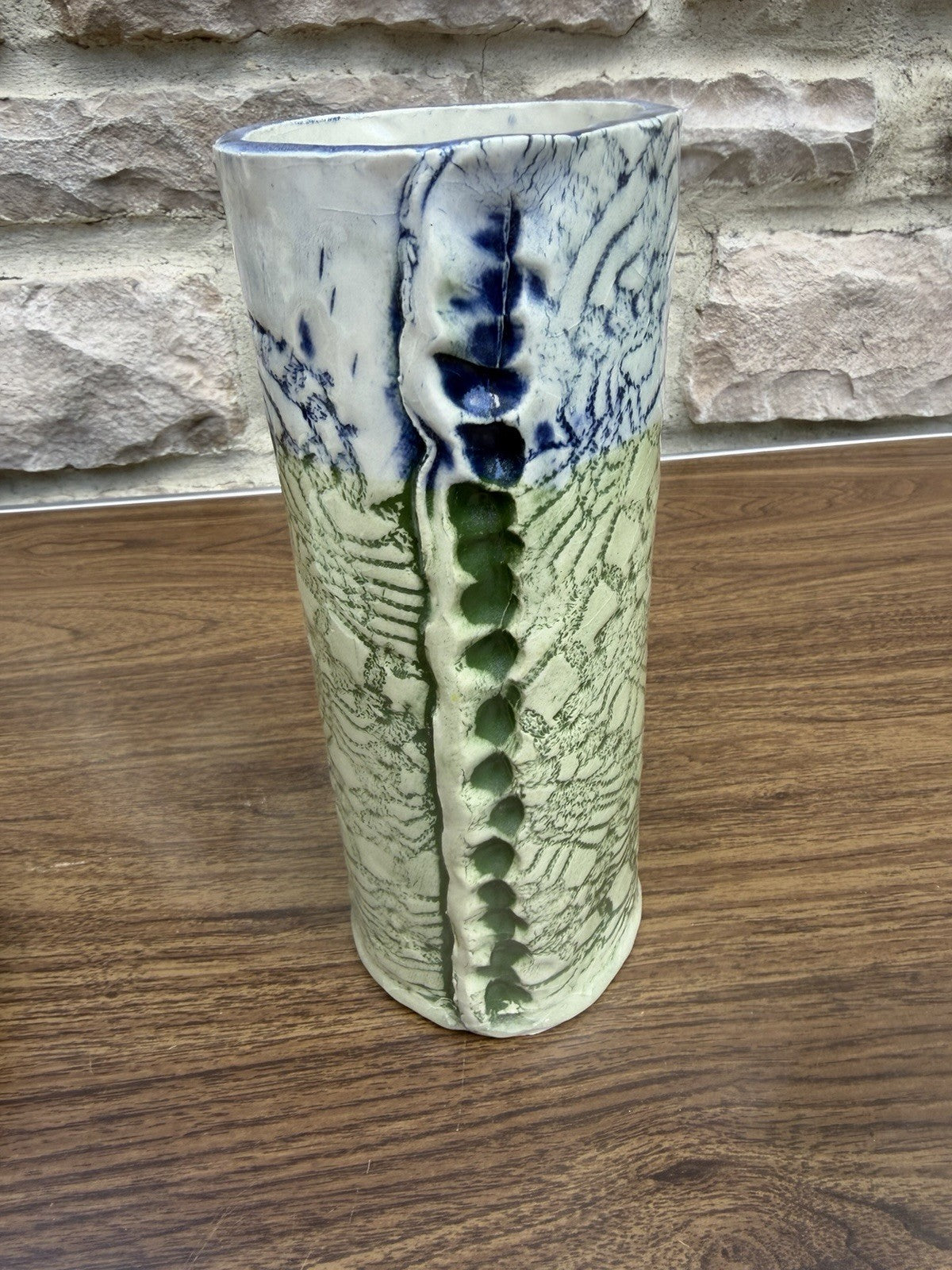 Studio Art Pottery Vase Handled Dish Set Signed WB Lace Imprint Ceramic MCM