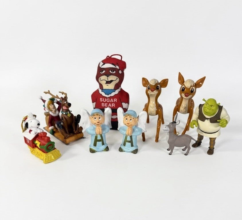 Vintage Christmas Ornaments Lot of 9 Shrek Scooby Snoopy Rudolph Sugar Bear Toys