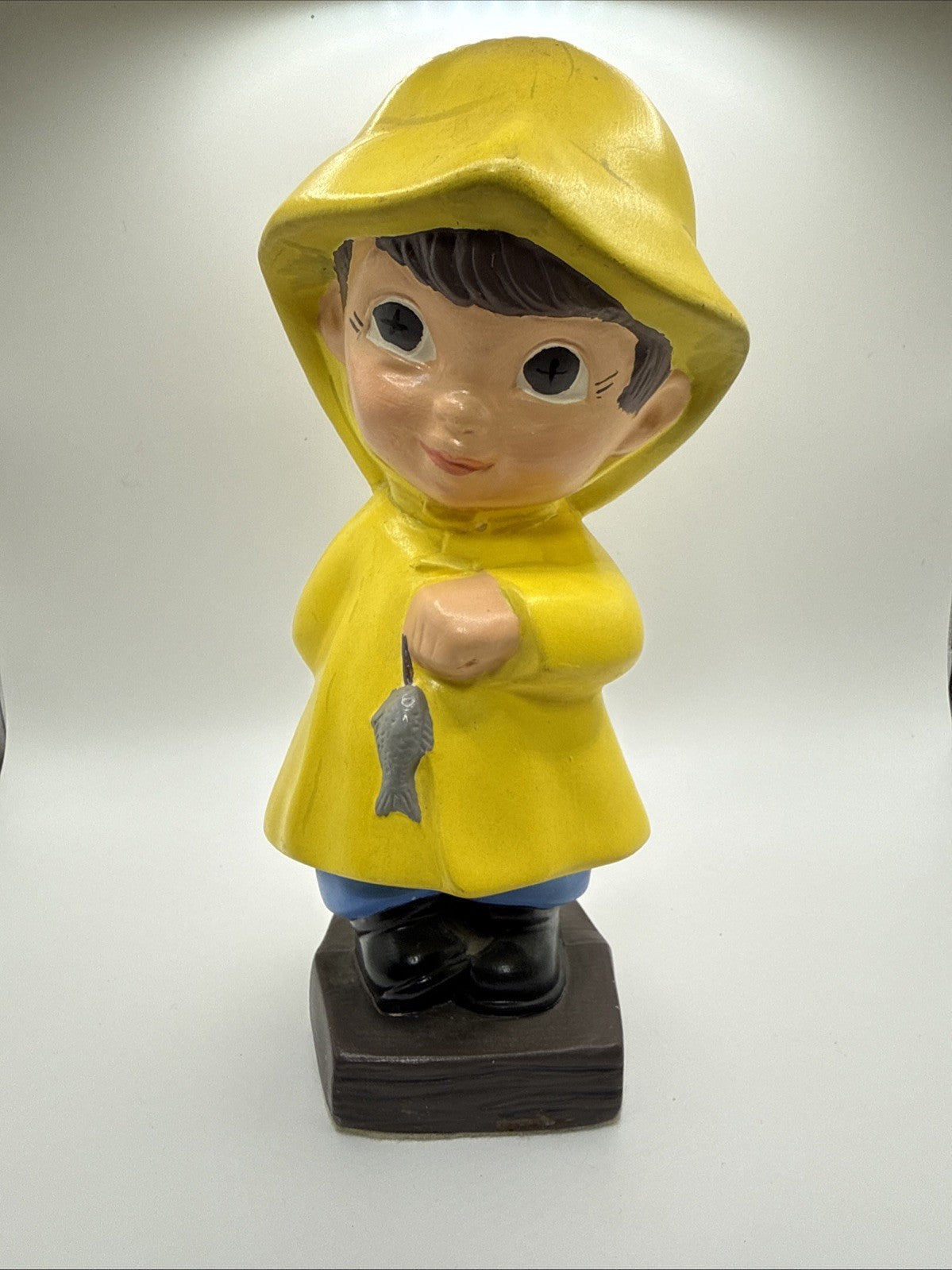 Vintage 1971 Ceramic Fishing Boy & Girl In Yellow Rain Coats So Cute!