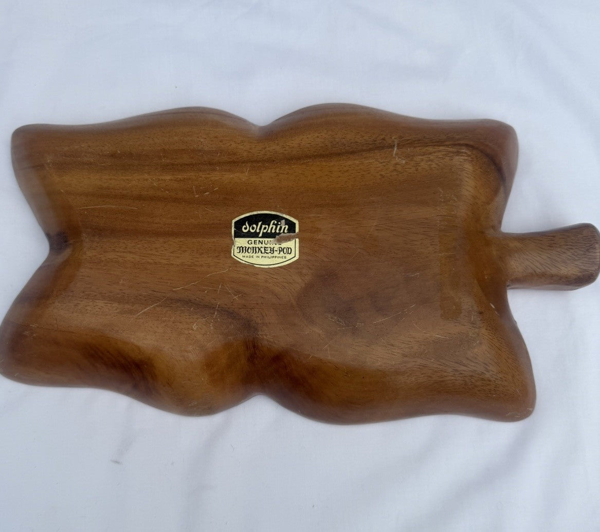 Vintage Monkey Pod Wood Dolphin Divided Leaf Tray Mid Century Tiki