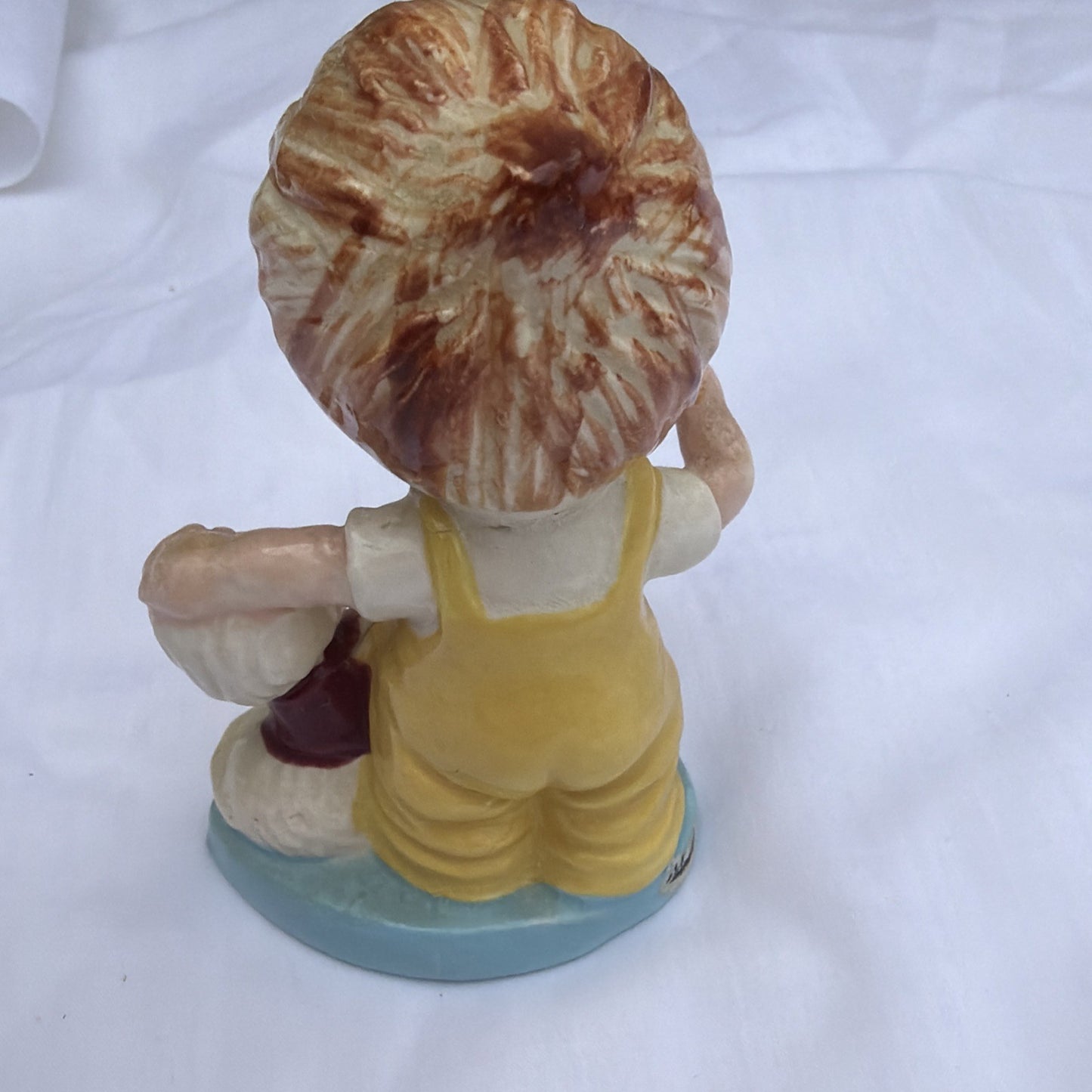 Vintage Porcelain Boy Figurine Puppy Yellow Overalls Dog Figure 4"x3"