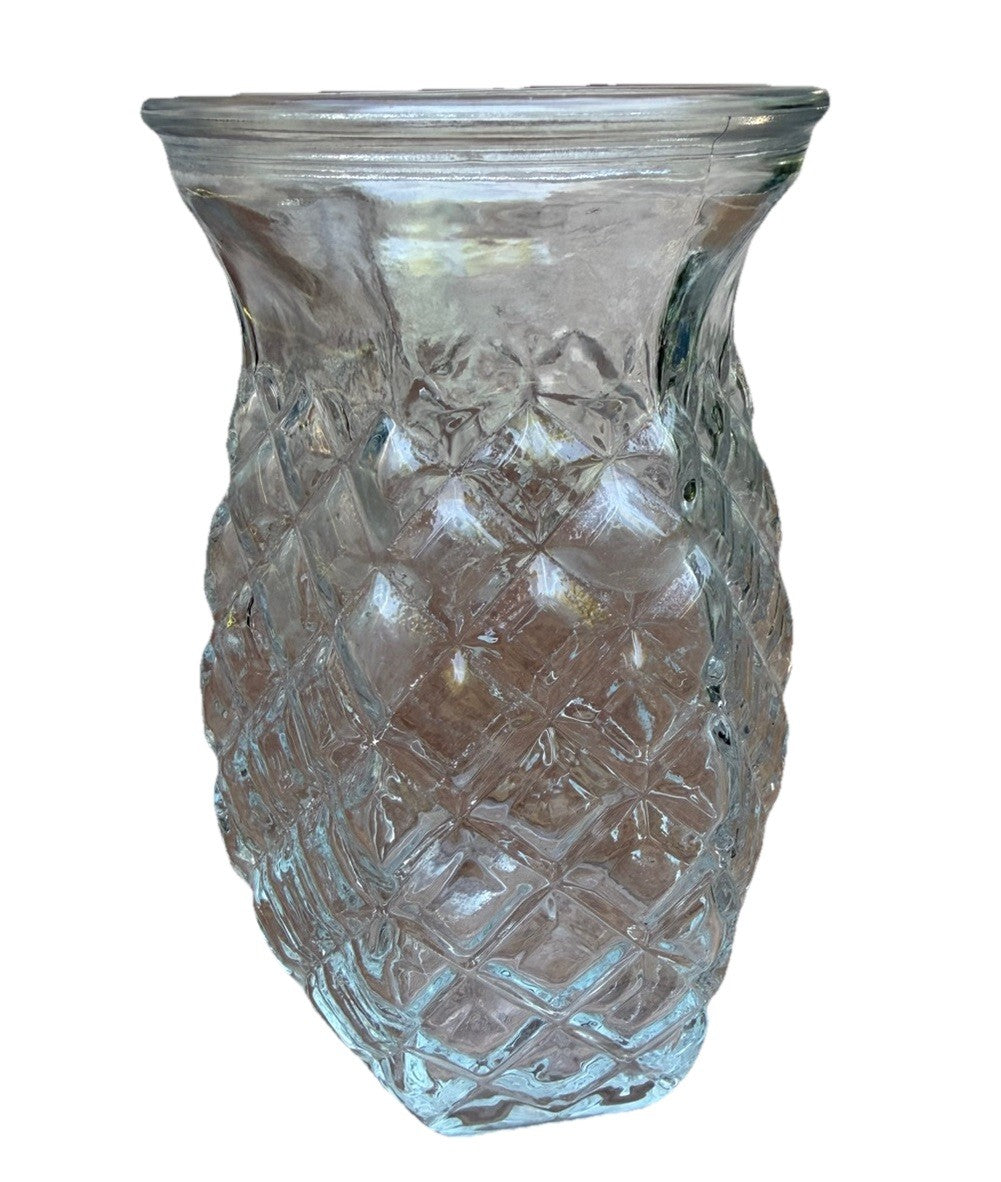 Vintage Clear Glass Pineapple Vase Crosshatch Pattern Hexagon Base 6 Inch