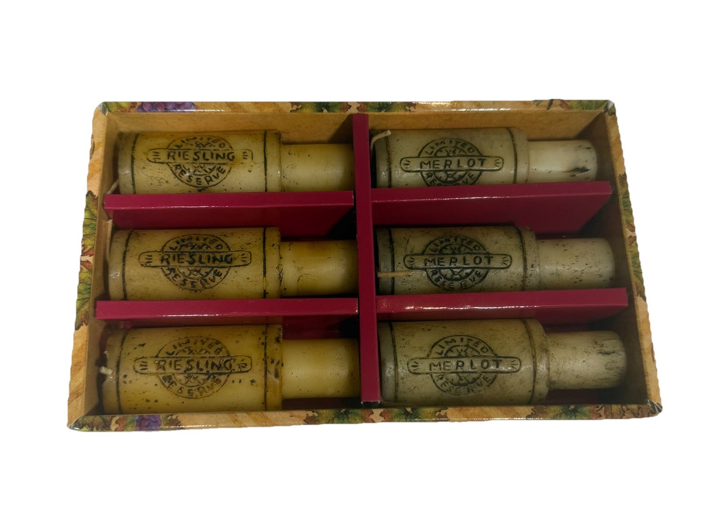 Wine Bottle Stopper Wax Cork Candles Grape Leaves 6" Decorative Set NEW