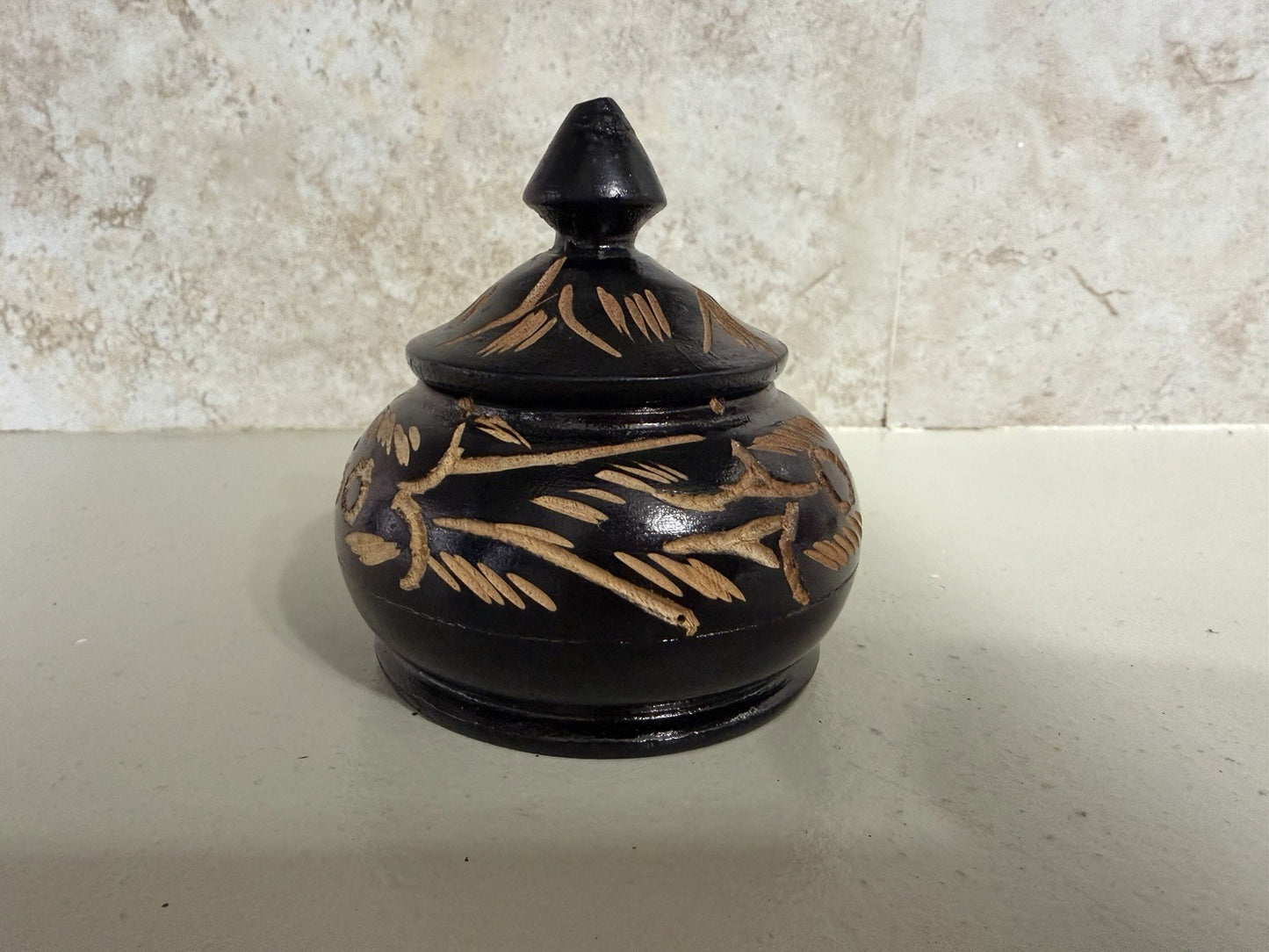 Vintage Hand Carved Wood Trinket Bowl Stash Box Lid Floral Etched Black 3"x3"