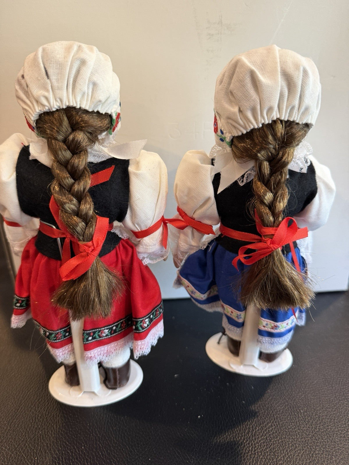 Vintage Porcelain Folk Costume Dolls Lot 2 Braided Hair Stands 8" Traditional