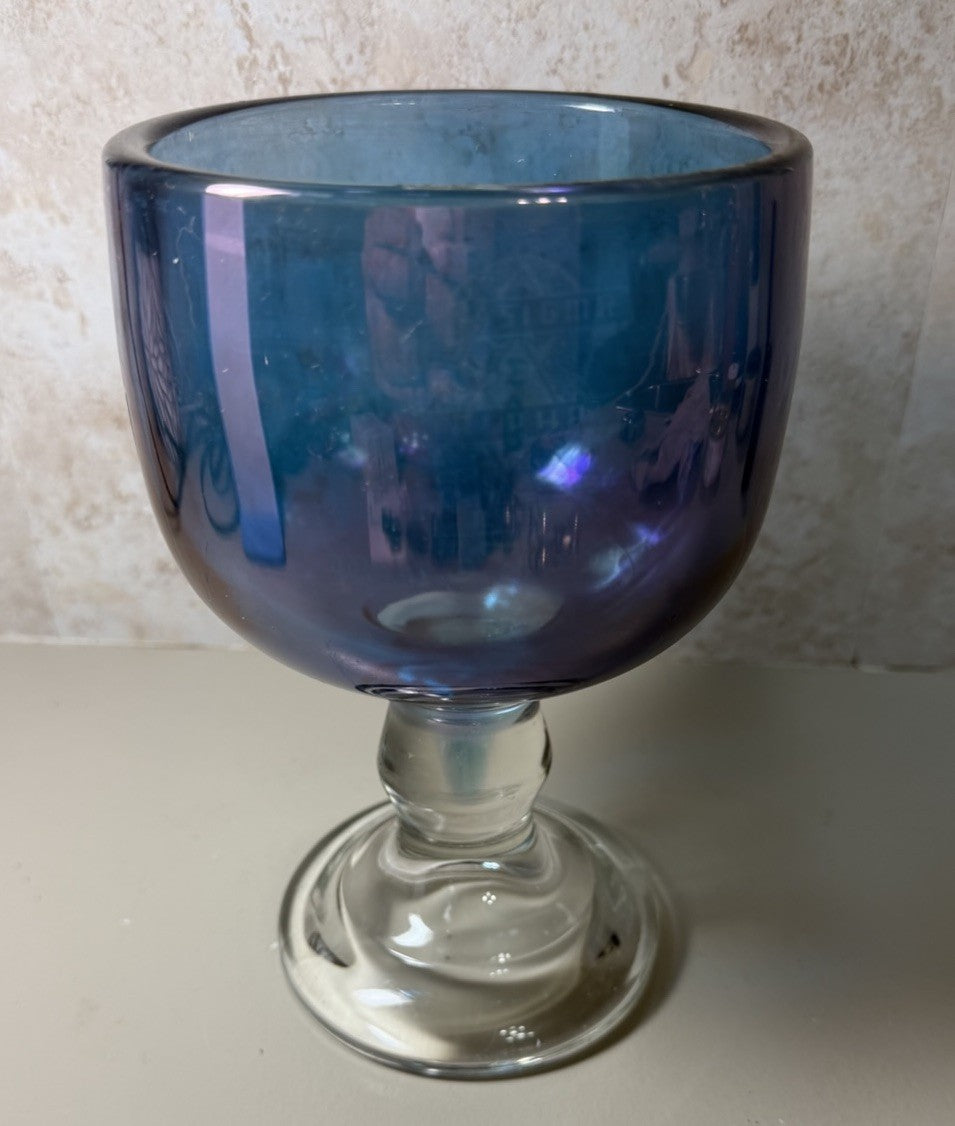 Vintage Sigma Alpha Rho Sorority Iridescent Blue Glass Goblet Chalice 8.5"