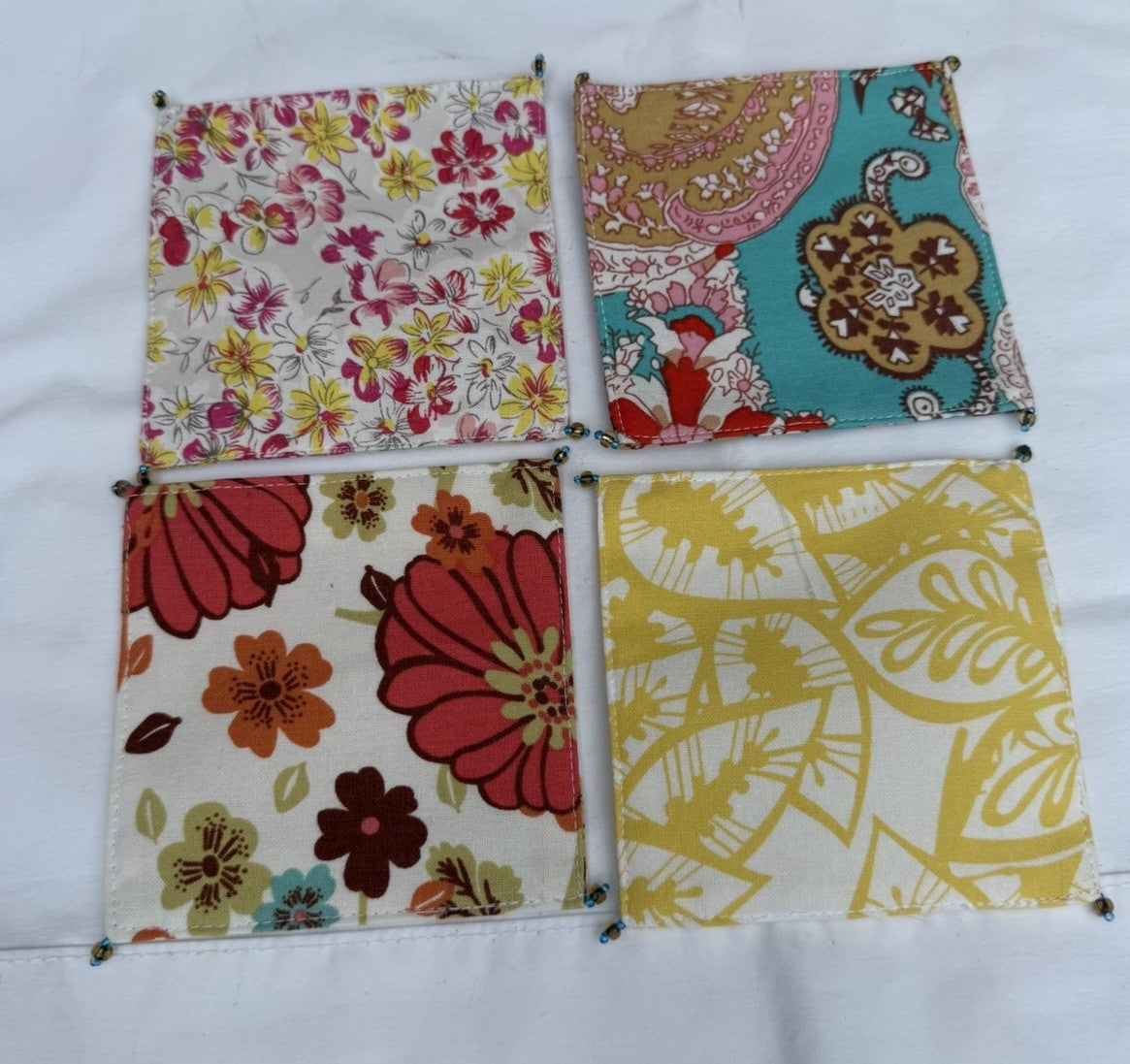 CAbi Fabric Coasters Set of 4 Floral Paisley Beaded Corners Boxed