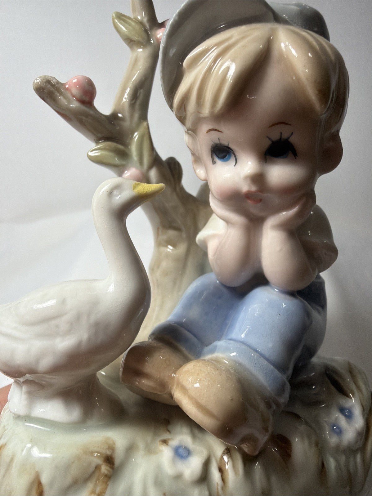 Vintage Porcelain Farm Boy Duck Figurine Japan 5 Inch Hand Painted Ceramic