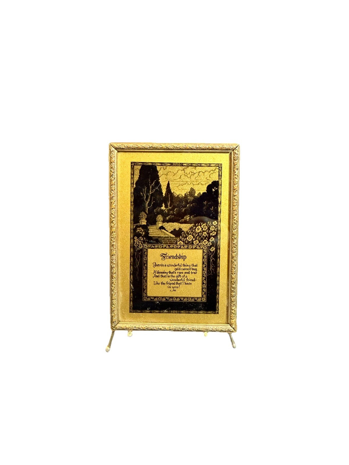Black Gold Pocket Mirror Silhouette Friendship Poem Tripod Stand 4.5"x3"