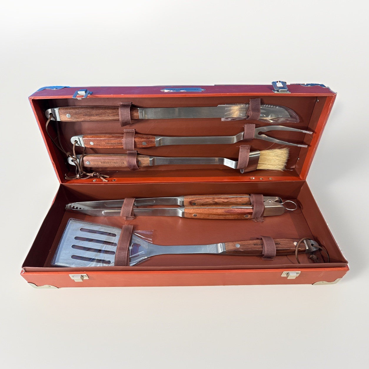 Williams Sonoma 5 Piece BBQ Grill Tool Set Stainless Steel Wood Case New