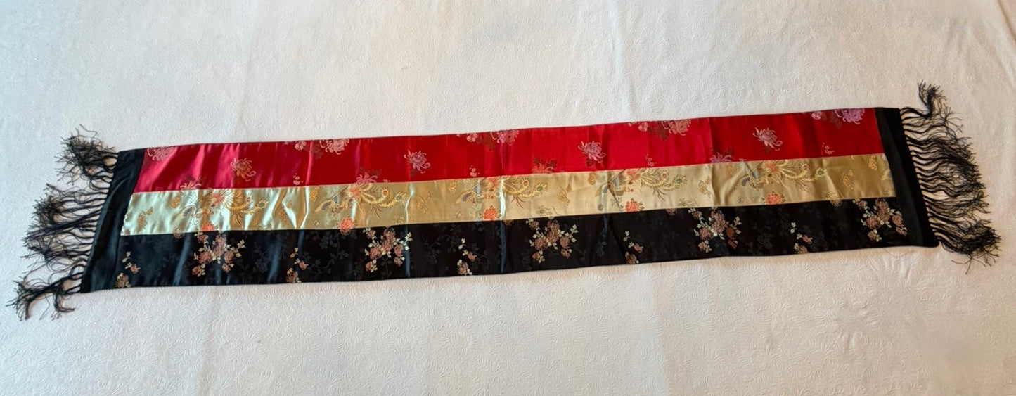 Vintage Asian Silk Brocade Table Runner Red Gold Floral Fringe 58" Oriental