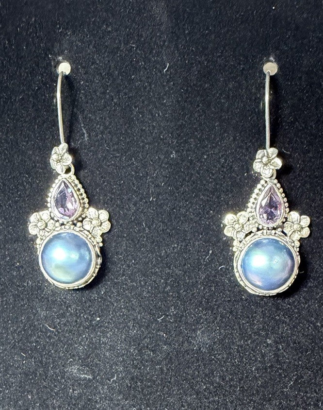 925 Sterling Silver Blue Pearl Amethyst Floral Dangle Earrings Indonesia