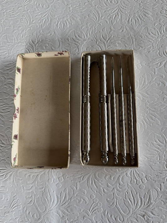 Vintage HMQ Quackenbush Nutcracker Pick Set Textured Handles Original Box Metal