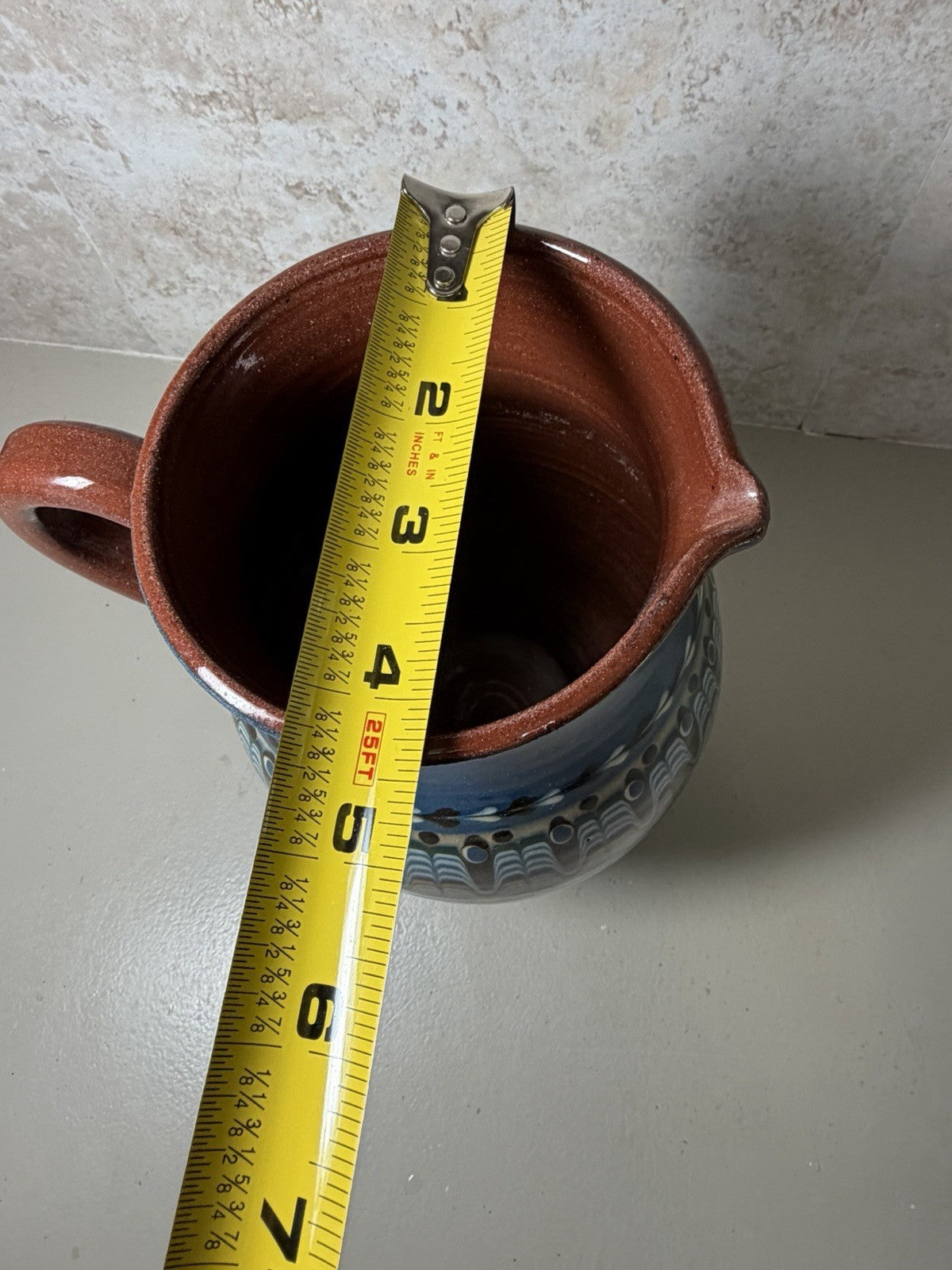 Vintage Mexican Folk Art Pottery Pitcher Salt Bowls Set Blue Brown Hand Painted