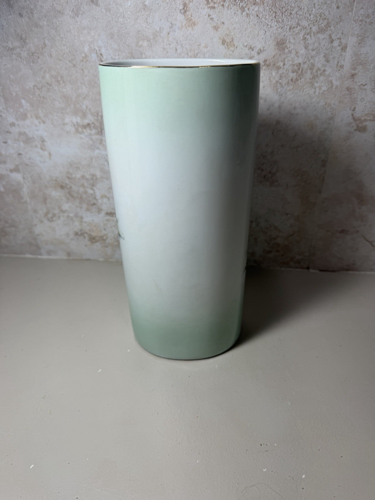 Vintage Japanese Porcelain Vase Green Floral Bird Motif Hand Painted Gold Trim