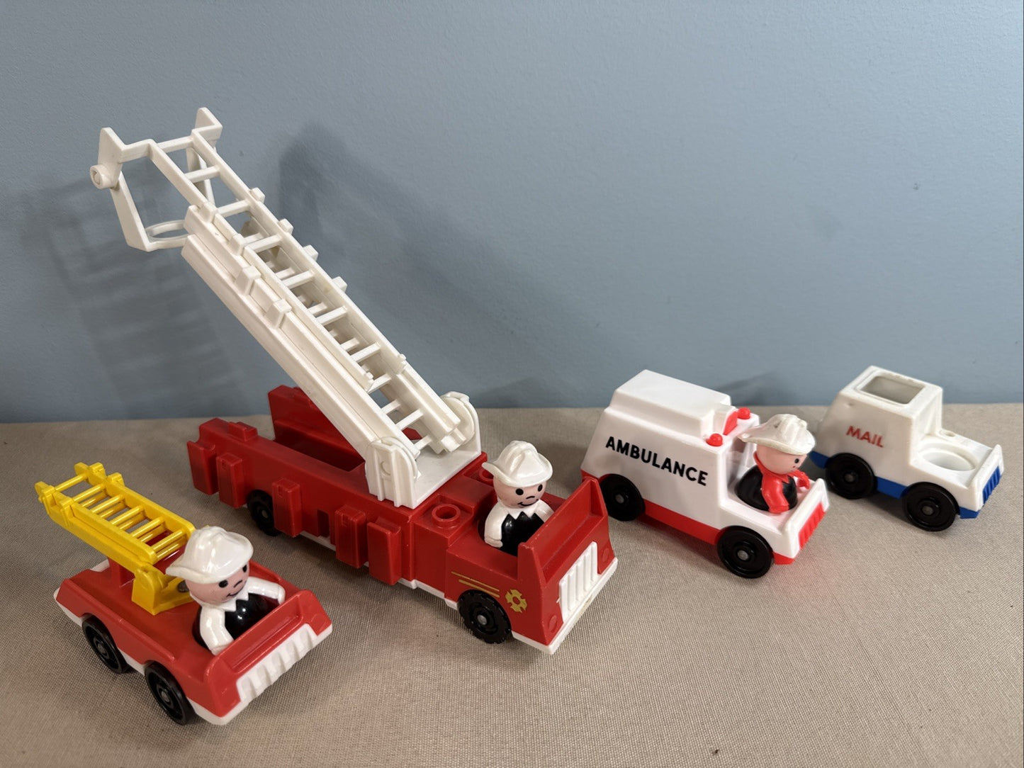 Vintage Fisher Price Little People Fire Trucks Ambulance Mail Truck + 3 Figures