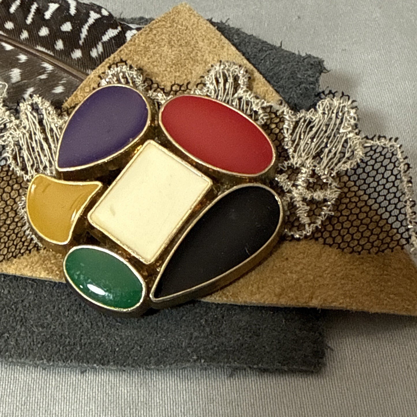 Vintage 1980s Mixed Media Artisan Statement Brooch Geometric Abstract Pin
