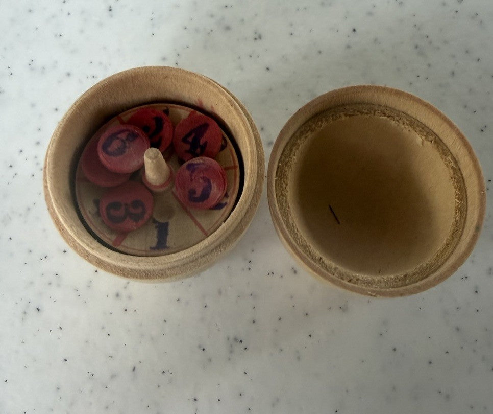 Vintage Wooden Barrel Spinning Game Parlor Game with Tokens & Top 2" Barrell