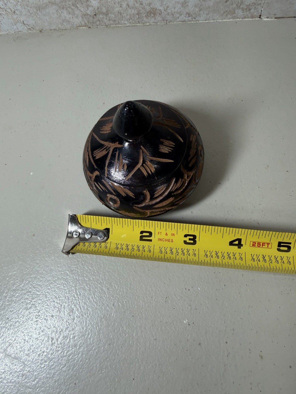 Vintage Hand Carved Wood Trinket Bowl Stash Box Lid Floral Etched Black 3"x3"