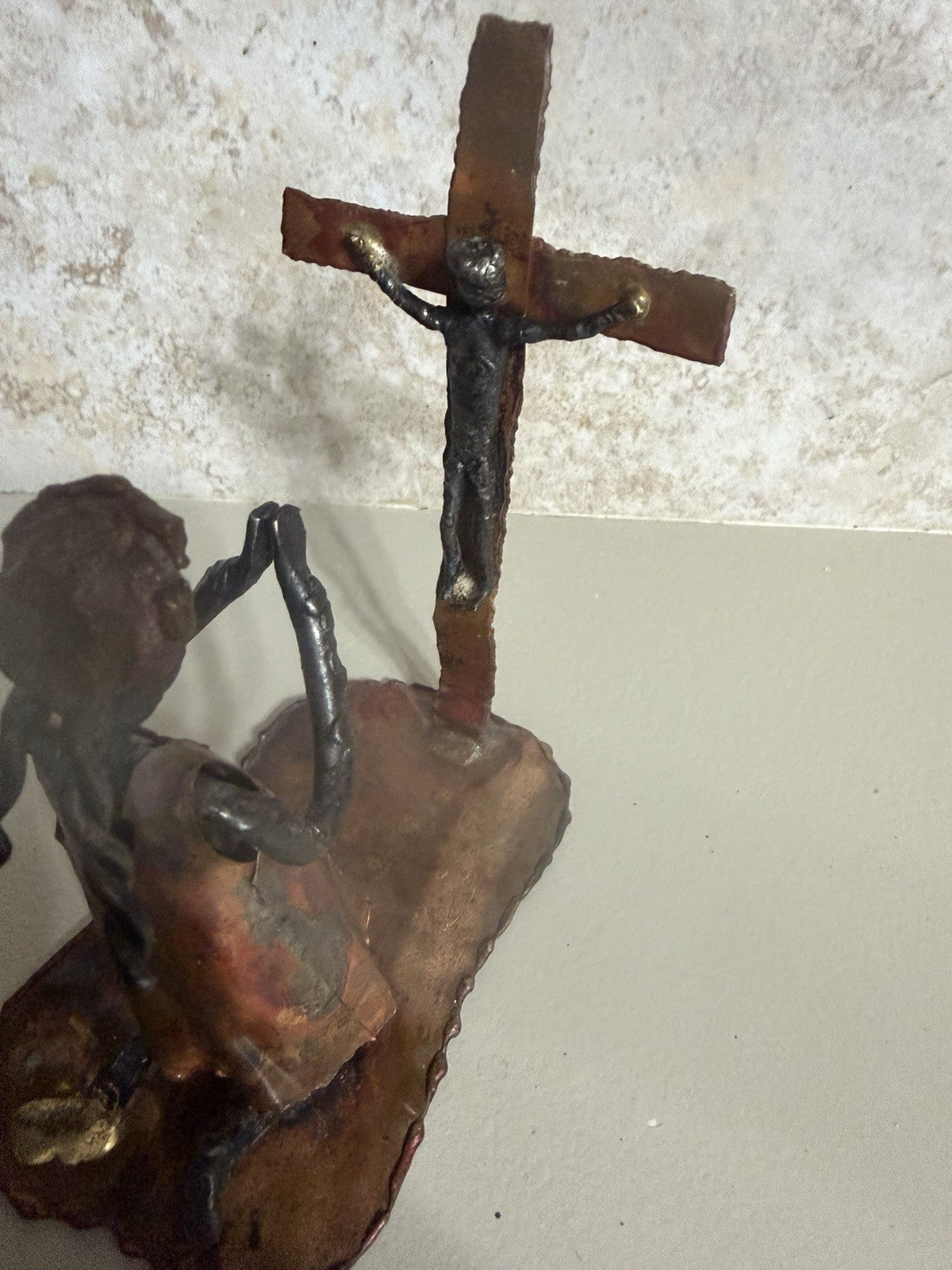 Vintage Handcrafted Metal Sculpture Praying Figure at Cross Religious Folk Art