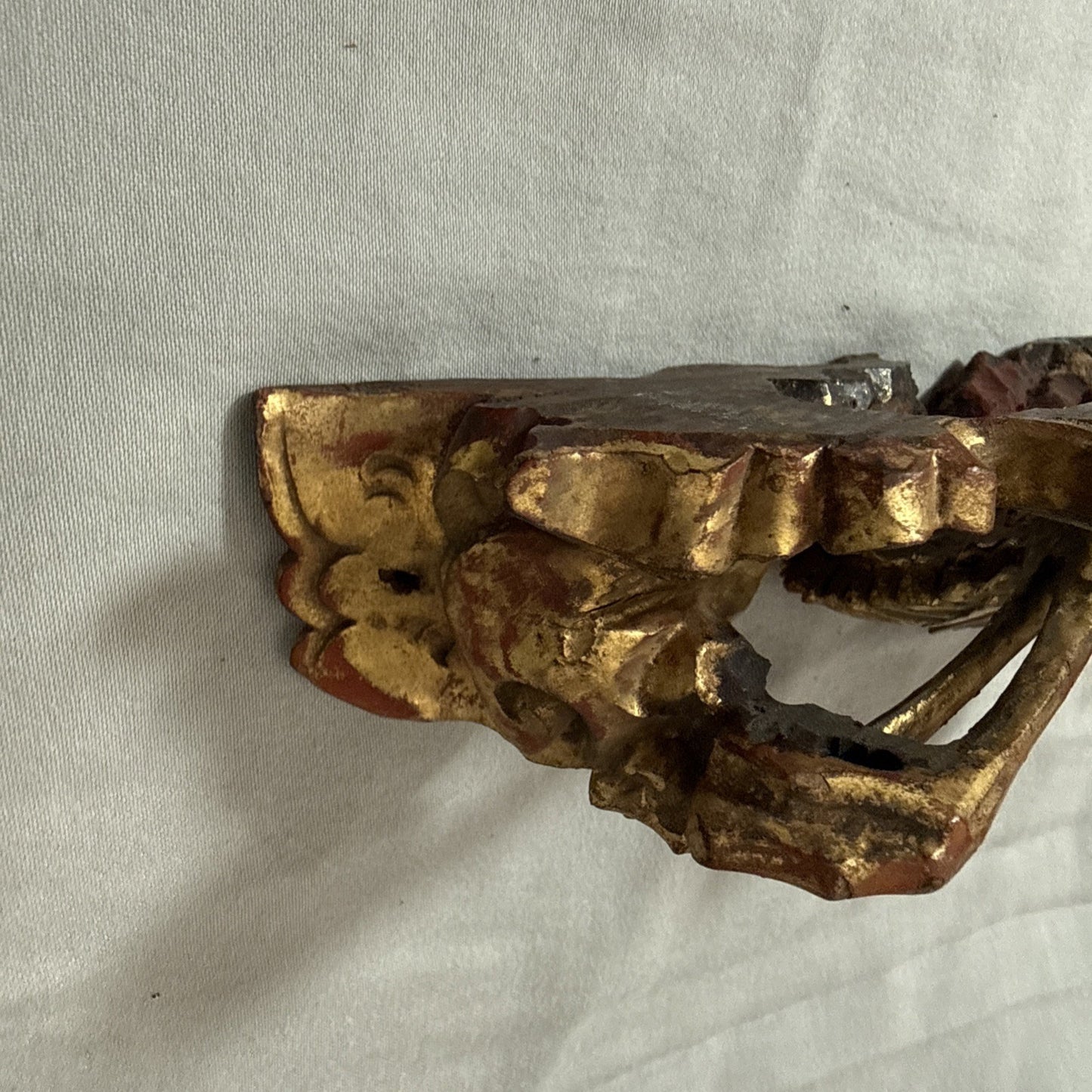Antique Chinese Qing Dynasty Wood Temple  Red & Gilt Panel Dragon Fragment 7”x3”