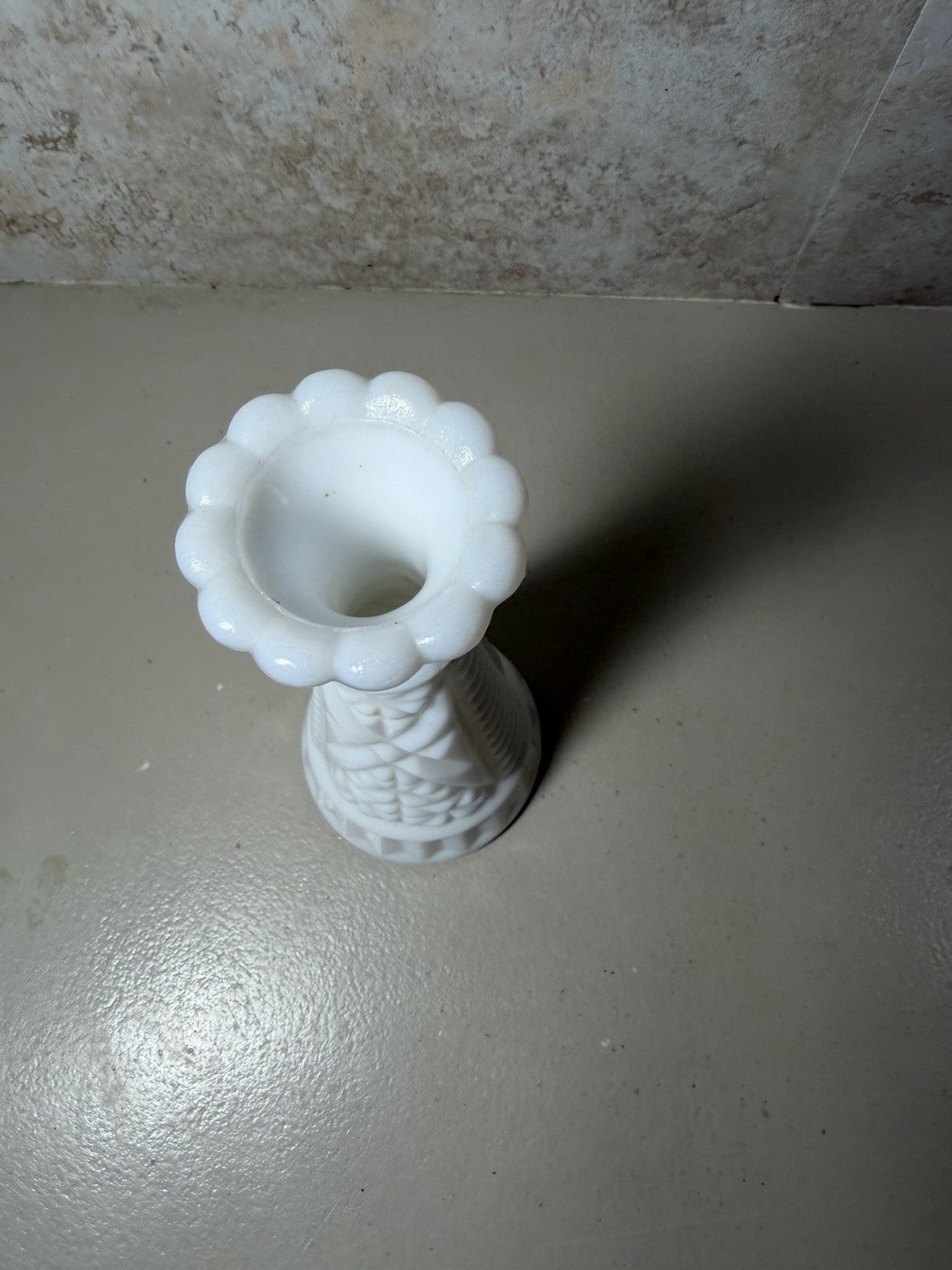 Vintage White Milk Glass Bud Vase 6 Inch Diamond Starburst Scalloped Edge