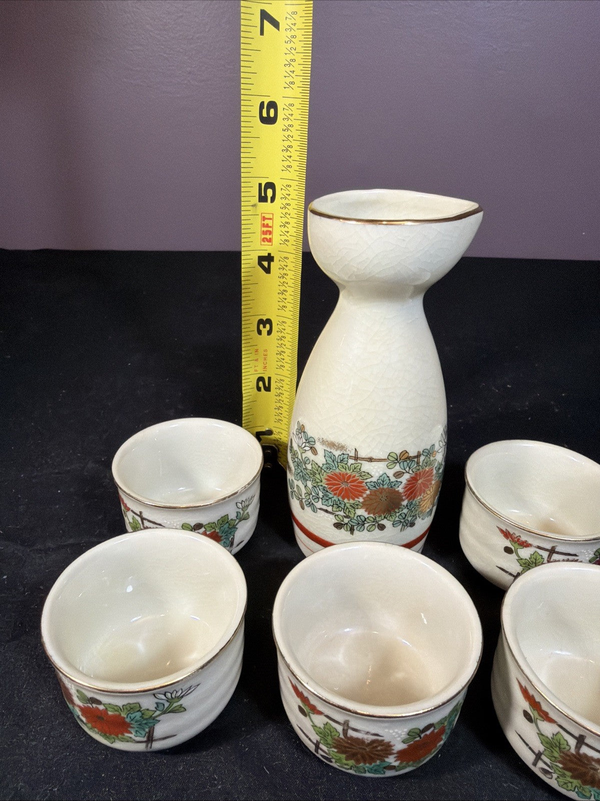 Vintage Otagiri Japanese Sake Set Crackle Ceramic 6 Piece Set