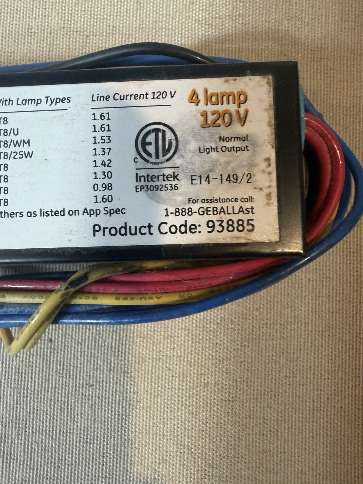 GE ProLine 93885 Electronic Ballast 4 Lamp 120V T8 Fluorescent Light NEW