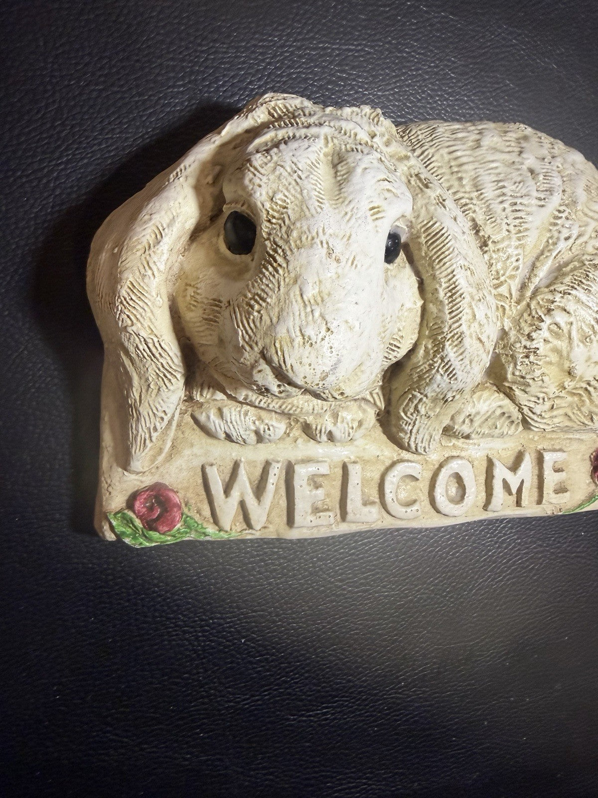 Vintage Stone Bunny Rabbit Welcome Wall Plaque Hand Finished Cottage Garden Deco