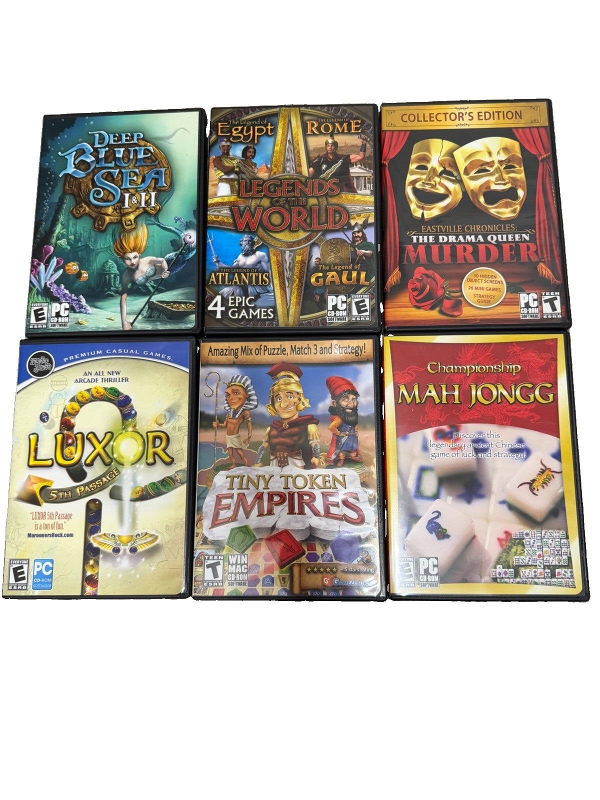 PC CD ROM Casual Game Lot 6 Mahjong Luxor Deep Blue Sea Legends Empires Windows