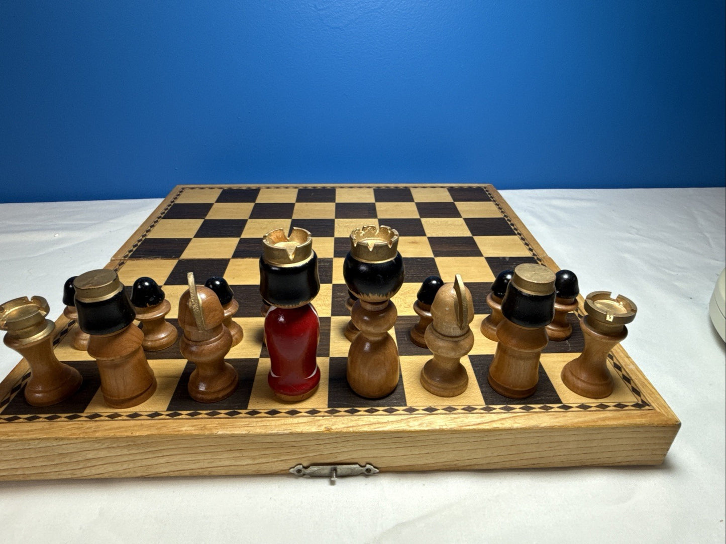 Vintage Japanese Kokeshi Wood Chess Set Hand Painted Pieces Folding Board Boxes
